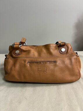 Fossil Long Live Vintage 1954 Tan Leather Shoulder Bag Satchel Purse Key Charm